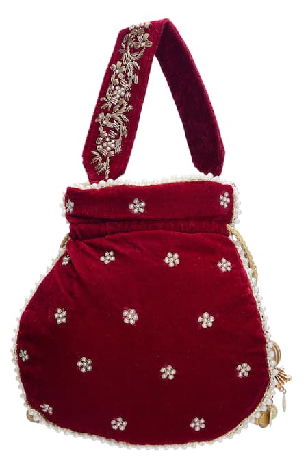 Shop Nazaakat By Samara Singh Maroon Embroidery, Zari, Beads, Tassels Raas Velvet Silk Potli Bag at Aza Fashions Shop_Nazaakat By Samara Singh_Maroon Embroidery, Zari, Beads, Tassels Raas Velvet Silk Potli Bag _at_Aza_Fashions
