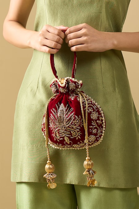 Nazaakat By Samara Singh Maroon Embroidery, Zari, Beads, Tassels Raas Velvet Silk Potli Bag