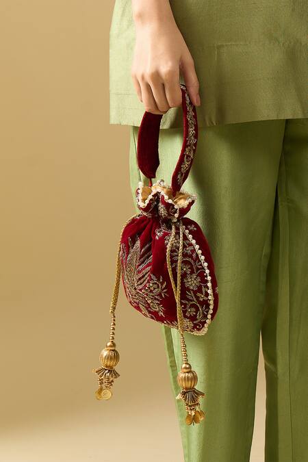 Buy Nazaakat By Samara Singh Maroon Embroidery, Zari, Beads, Tassels Raas Velvet Silk Potli Bag Online at Aza Fashions Buy_Nazaakat By Samara Singh_Maroon Embroidery, Zari, Beads, Tassels Raas Velvet Silk Potli Bag _Online_at_Aza_Fashions
