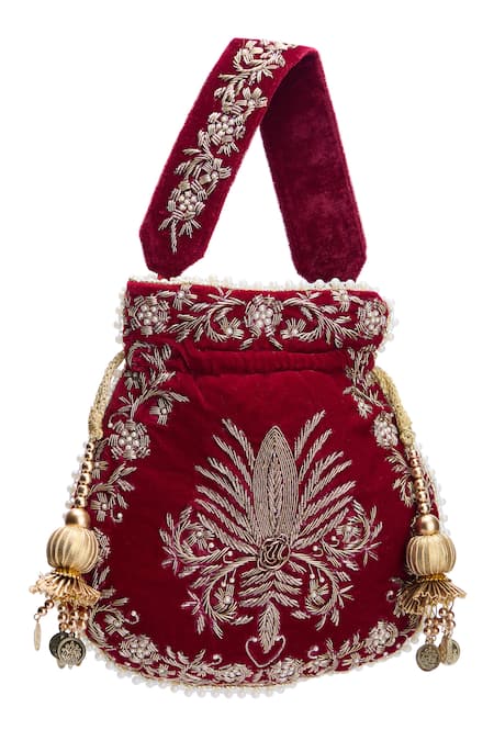 Shop Nazaakat By Samara Singh Maroon Embroidery, Zari, Beads, Tassels Raas Velvet Silk Potli Bag Online at Aza Fashions Shop_Nazaakat By Samara Singh_Maroon Embroidery, Zari, Beads, Tassels Raas Velvet Silk Potli Bag _Online_at_Aza_Fashions