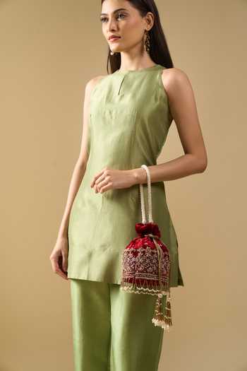 Nazaakat By Samara Singh_Red Embroidery, Zari, Beads, Pearls, Tassels Gulab Hand Potli Bag _Online_at_Aza_Fashions