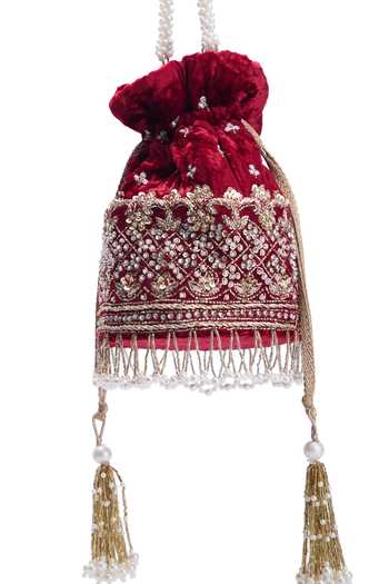 Buy_Nazaakat By Samara Singh_Red Embroidery, Zari, Beads, Pearls, Tassels Gulab Hand Potli Bag _Online_at_Aza_Fashions