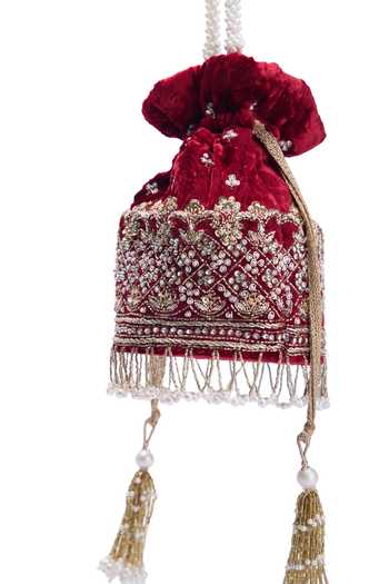 Shop_Nazaakat By Samara Singh_Red Embroidery, Zari, Beads, Pearls, Tassels Gulab Hand Potli Bag _Online_at_Aza_Fashions