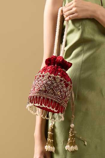 Nazaakat By Samara Singh_Red Embroidery, Zari, Beads, Pearls, Tassels Gulab Hand Potli Bag _at_Aza_Fashions