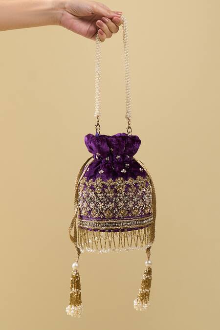 Nazaakat By Samara Singh_Purple Embroidery, Zari, Beads, Pearls, Tassels Gulab Hand Velvet Potli Bag _Online_at_Aza_Fashions