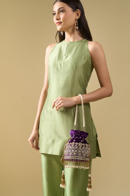 Buy_Nazaakat By Samara Singh_Purple Embroidery, Zari, Beads, Pearls, Tassels Gulab Hand Velvet Potli Bag _Online_at_Aza_Fashions