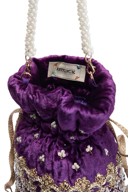 Shop_Nazaakat By Samara Singh_Purple Embroidery, Zari, Beads, Pearls, Tassels Gulab Hand Velvet Potli Bag _Online_at_Aza_Fashions