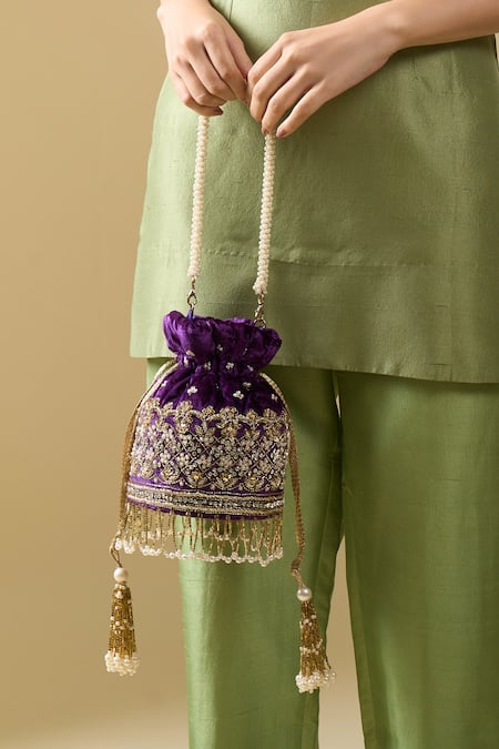 Nazaakat By Samara Singh_Purple Embroidery, Zari, Beads, Pearls, Tassels Gulab Hand Velvet Potli Bag _at_Aza_Fashions