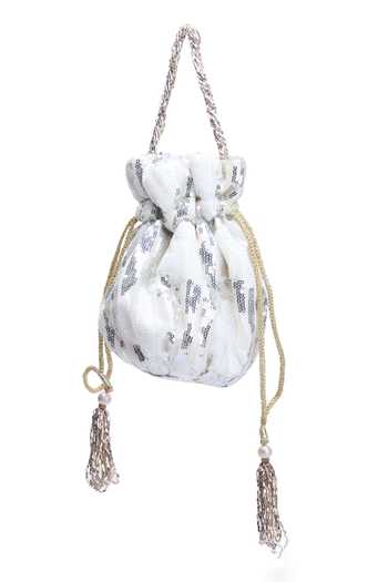 Nazaakat By Samara Singh White Sequins, Tassels Bella Embroidered Potli Bag Online at Aza Fashions Nazaakat By Samara Singh_White Sequins, Tassels Bella Embroidered Potli Bag _Online_at_Aza_Fashions