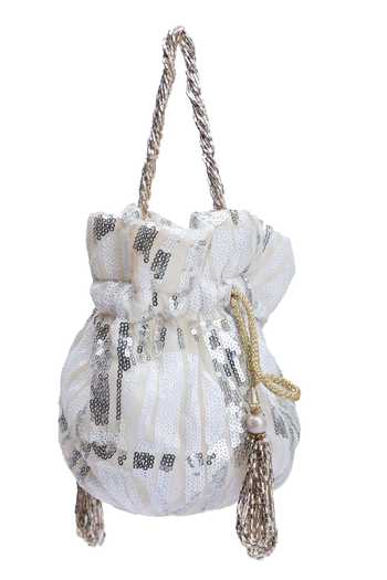Shop Nazaakat By Samara Singh White Sequins, Tassels Bella Embroidered Potli Bag at Aza Fashions Shop_Nazaakat By Samara Singh_White Sequins, Tassels Bella Embroidered Potli Bag _at_Aza_Fashions