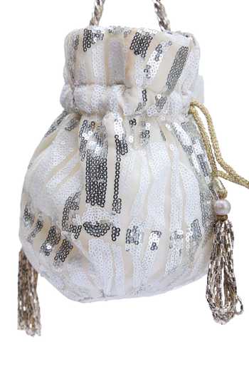 Shop Nazaakat By Samara Singh White Sequins, Tassels Bella Embroidered Potli Bag Online at Aza Fashions Shop_Nazaakat By Samara Singh_White Sequins, Tassels Bella Embroidered Potli Bag _Online_at_Aza_Fashions