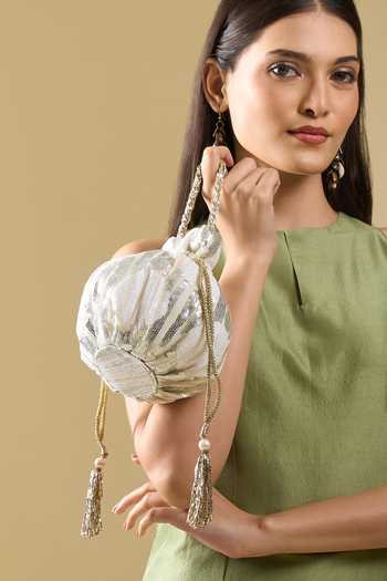 Nazaakat By Samara Singh White Sequins, Tassels Bella Embroidered Potli Bag at Aza Fashions Nazaakat By Samara Singh_White Sequins, Tassels Bella Embroidered Potli Bag _at_Aza_Fashions