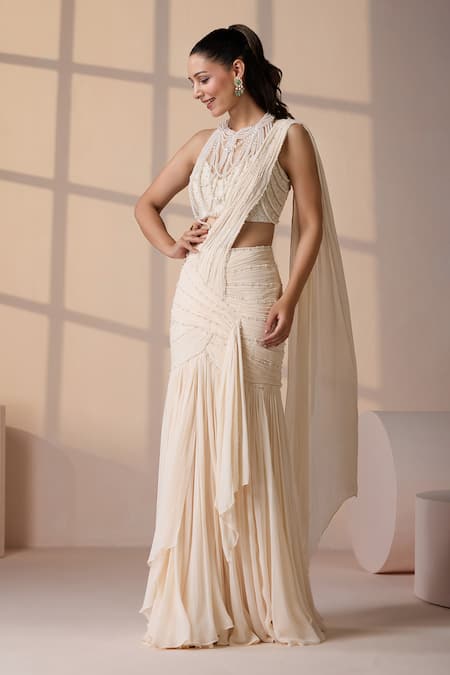 Shop_Chaashni By Maansi And Ketan_Ivory Georgette, Net Beads, Sequins, Pearls Pre-draped Saree With Tassel Blouse _Online_at_Aza_Fashions