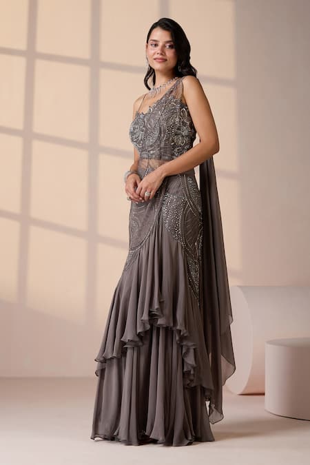 Buy_Chaashni By Maansi And Ketan_Gray Georgette, Net Sequins, Pre-draped Lehenga Saree With Embroidered Blouse _Online_at_Aza_Fashions