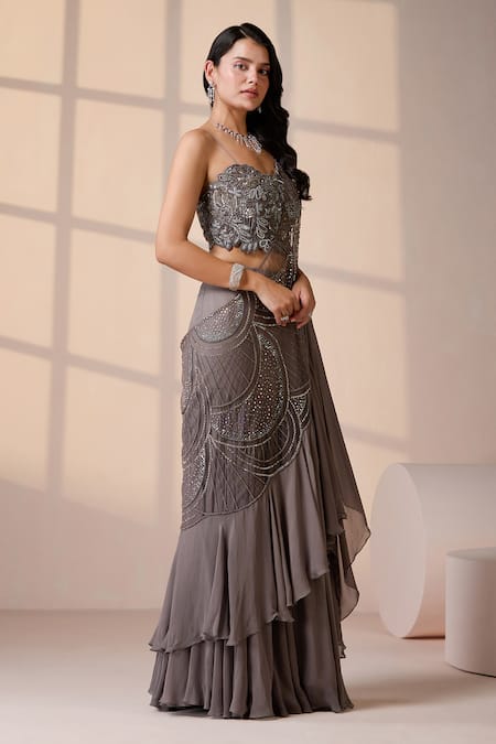 Shop_Chaashni By Maansi And Ketan_Gray Georgette, Net Sequins, Pre-draped Lehenga Saree With Embroidered Blouse _Online_at_Aza_Fashions
