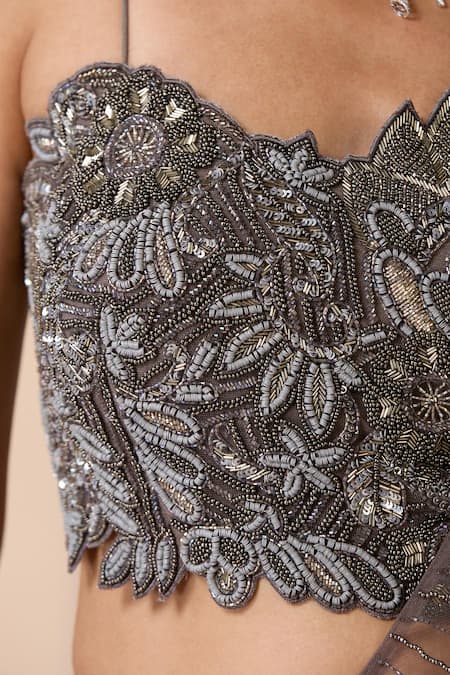 Chaashni By Maansi And Ketan_Gray Georgette, Net Sequins, Pre-draped Lehenga Saree With Embroidered Blouse _at_Aza_Fashions