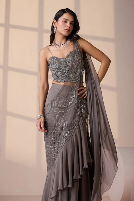 Buy_Chaashni By Maansi And Ketan_Gray Georgette, Net Sequins, Pre-draped Lehenga Saree With Embroidered Blouse 