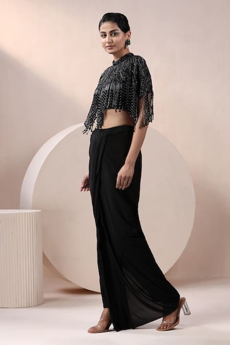 Shop_Chaashni By Maansi And Ketan_Black Lycra, Net Sequins, Beads, Embroidered Cape And Draped Dhoti Pant Set _Online_at_Aza_Fashions