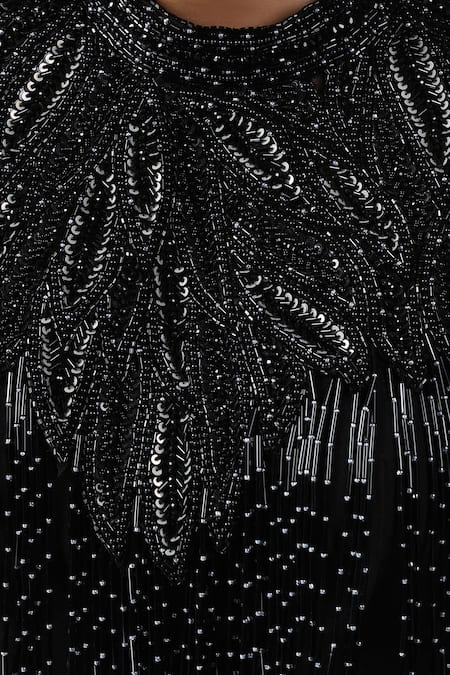 Chaashni By Maansi And Ketan_Black Lycra, Net Sequins, Beads, Embroidered Cape And Draped Dhoti Pant Set _at_Aza_Fashions