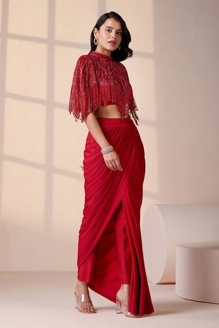Buy_Chaashni By Maansi And Ketan_Red Lycra Sequins, Beads, Pearls, Embroidered Cape And Draped Dhoti Pant Set _Online_at_Aza_Fashions