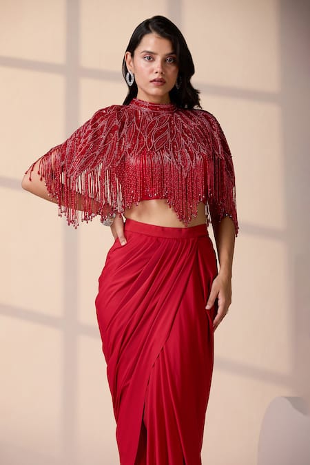 Chaashni By Maansi And Ketan_Red Lycra Sequins, Beads, Pearls, Embroidered Cape And Draped Dhoti Pant Set _at_Aza_Fashions