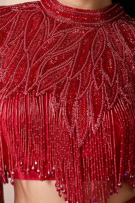 Buy_Chaashni By Maansi And Ketan_Red Lycra Sequins, Beads, Pearls, Embroidered Cape And Draped Dhoti Pant Set 