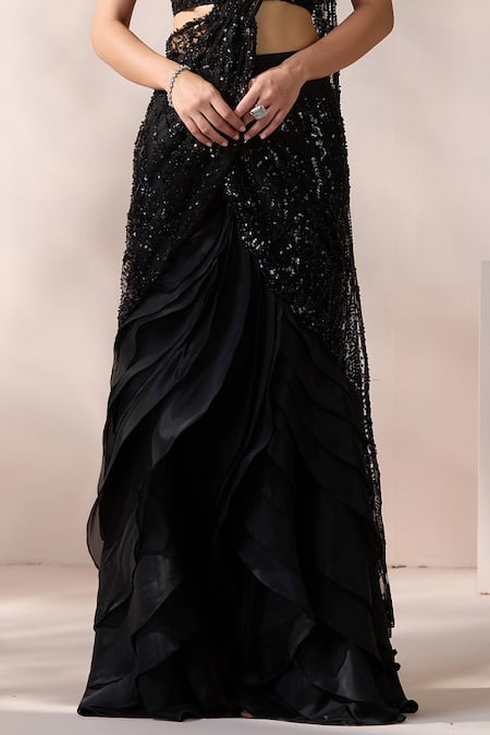 Buy_Chaashni By Maansi And Ketan_Black Net, Organza Beads, Crystals, Embellished Pre-draped Saree With Blouse _Online_at_Aza_Fashions