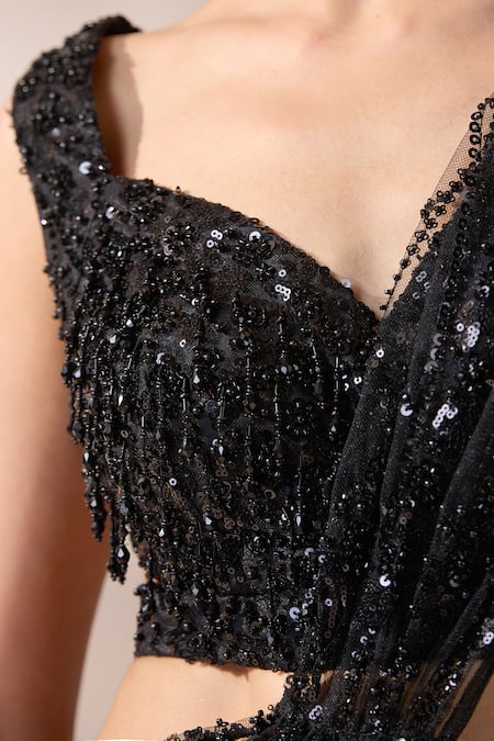 Chaashni By Maansi And Ketan_Black Net, Organza Beads, Crystals, Embellished Pre-draped Saree With Blouse _at_Aza_Fashions