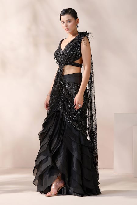 Shop_Chaashni By Maansi And Ketan_Black Net, Organza Beads, Crystals, Embellished Pre-draped Saree With Blouse 