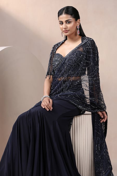 Buy Chaashni By Maansi And Ketan Navy Net, Crepe Sequins, Beads, Pre-draped Lehenga Saree With Embroidered Blouse Online at Aza Fashions Buy_Chaashni By Maansi And Ketan_Navy Net, Crepe Sequins, Beads, Pre-draped Lehenga Saree With Embroidered Blouse _Online_at_Aza_Fashions