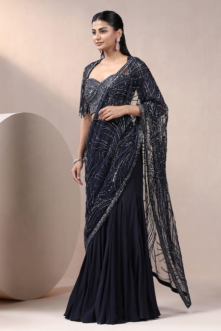 Shop Chaashni By Maansi And Ketan Navy Net, Crepe Sequins, Beads, Pre-draped Lehenga Saree With Embroidered Blouse Online at Aza Fashions Shop_Chaashni By Maansi And Ketan_Navy Net, Crepe Sequins, Beads, Pre-draped Lehenga Saree With Embroidered Blouse _Online_at_Aza_Fashions