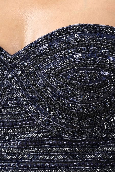 Chaashni By Maansi And Ketan Navy Net, Crepe Sequins, Beads, Pre-draped Lehenga Saree With Embroidered Blouse at Aza Fashions Chaashni By Maansi And Ketan_Navy Net, Crepe Sequins, Beads, Pre-draped Lehenga Saree With Embroidered Blouse _at_Aza_Fashions