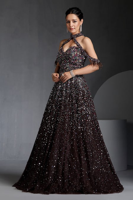 Buy_Chaashni By Maansi And Ketan_Brown Net Sequins, Pearls, Stones, Crystals Embroidered Flared Gown With Choker _Online_at_Aza_Fashions
