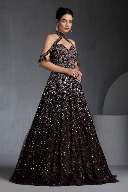 Shop_Chaashni By Maansi And Ketan_Brown Net Sequins, Pearls, Stones, Crystals Embroidered Flared Gown With Choker _Online_at_Aza_Fashions