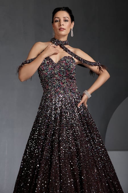 Chaashni By Maansi And Ketan_Brown Net Sequins, Pearls, Stones, Crystals Embroidered Flared Gown With Choker _at_Aza_Fashions
