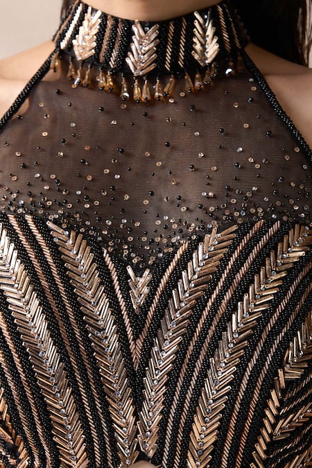 Shop_Chaashni By Maansi And Ketan_Black Net, Silk, Lycra Beads, Pearls, Embellished Pre-draped Saree With Blouse _Online_at_Aza_Fashions