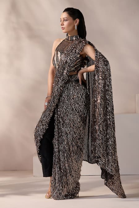 Chaashni By Maansi And Ketan_Black Net, Silk, Lycra Beads, Pearls, Embellished Pre-draped Saree With Blouse _at_Aza_Fashions