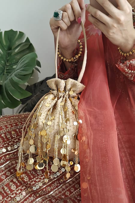 Plode_Gold Sequins, Beads, Tassels Mirror Drop Potli Bag _Online_at_Aza_Fashions