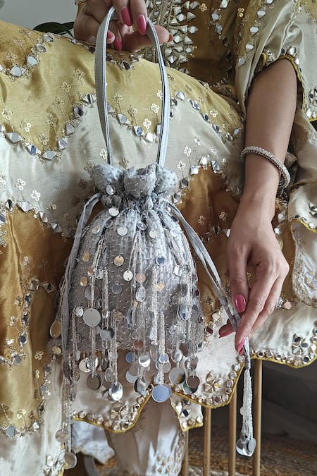 Plode_Silver Mirrors, Beads, Sequins Drop Potli Bag _Online_at_Aza_Fashions