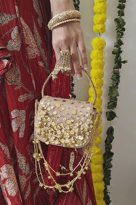 Plode_Gold Sequins, Tassels, Embroidery Charm Embellished Bag _Online_at_Aza_Fashions