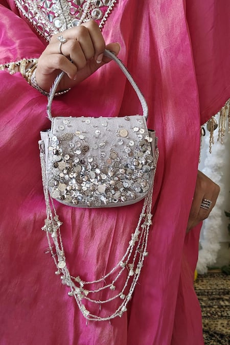 Plode_Silver Sequins, Beads, Tassels Charm Embellished Bag _Online_at_Aza_Fashions