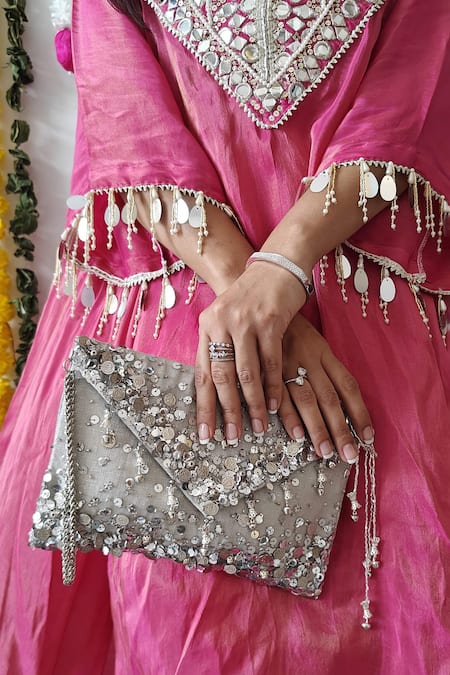Plode_Silver Sequins, Beads Lifafa Embellished Envelope Clutch _Online_at_Aza_Fashions