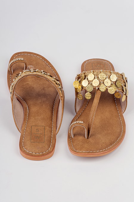 Sandalwali_Brown Chains, Beads, Lace Naira Coin Strap Vegan Sandals _Online_at_Aza_Fashions