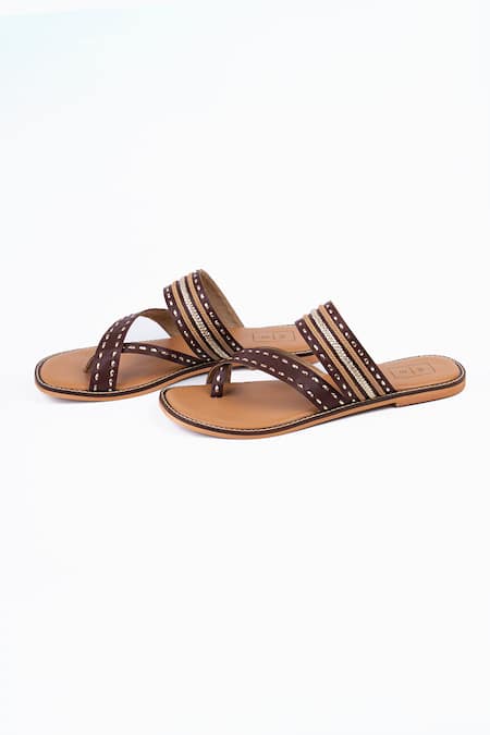 Sandalwali_Brown Metallic Thread Inca Handcrafted Leather Sandals _Online_at_Aza_Fashions