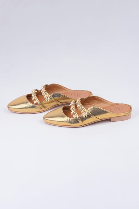 Sandalwali_Gold Beads, Pearls Fatima Tassel Flat Mule Sandals _Online_at_Aza_Fashions
