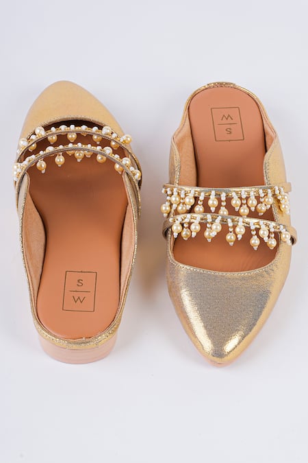 Sandalwali Fatima Pearl Tassel Flat Mule Sandals 