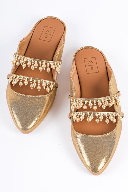 Sandalwali Fatima Pearl Tassel Flat Mule Sandals 