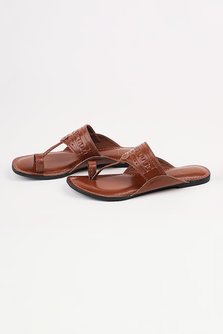 Sandalwali_Brown Cut Work Luna Leather Kolhapuri Flat Sandals _Online_at_Aza_Fashions