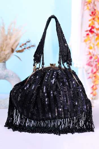 Shop Nazaakat By Samara Singh Black Sequins, Beads, Tassels And Beaded Fringe Batua Bag Shop_Nazaakat By Samara Singh_Black Sequins, Beads, Tassels And Beaded Fringe Batua Bag