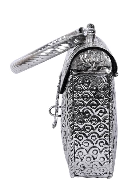Buy_Nazaakat By Samara Singh_Silver Floral Embossed Brass Clutch With Handle _Online_at_Aza_Fashions